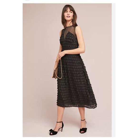 Anthropologie Foxiedox black peacock 3D Appliqués Illusion Sheer Neck dress Sz M - Picture 3 of 16